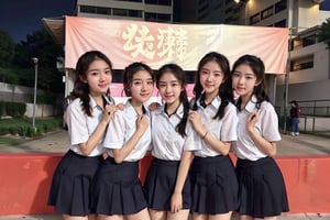 centered,eye contact, group photo, (5 girls:, cowboy shot1.3),multiracial,photography,neon_background,standing,beautiful woman,18 years old female chinese, perfect, sexy pose,, celebration,acjc, sgrean, school uniform, graduation day, selfie