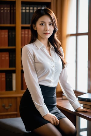 xxmix_girl, 1girl, Realistic, (full body:1.3), Candid Photo of an Asian female lawyer, scene set in a well-furnished office, books lining the shelves behind her, warm color temperature, calm demeanor emphasized, soft smile, (black opaque pantyhose:1.4), hint of contentment evident, captured using a 50mm lens, balance between subject and surroundings, natural lighting from a nearby window, gentle shadows cast, serene atmosphere