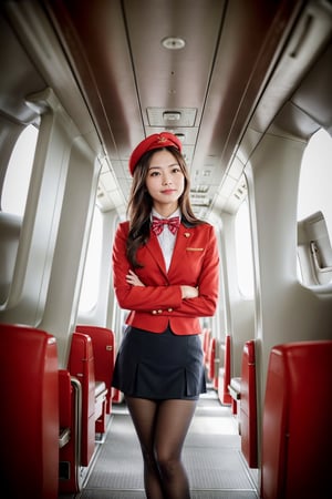 xxmix_girl, 1girl, Realistic Candid Photo of an Asian air stewardess, (full body:1.2), red garison cap, red blazer, red uniform, black pantyhose, black loafers, red tight skirt, white blouse, red ribbon bowtie, standing, reminiscent of the shots by Annie Leibovitz, inside an airplane cabin, warm color temperature, calm demeanor emphasized, soft smile on her lips, hint of contentment evident, captured using a 50mm lens, balance between subject and surroundings, natural lighting, gentle shadows cast, serene atmosphere,Extremely Realistic,Stewardess, job advertisment, hospitality