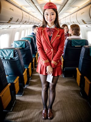 xxmix_girl, 1girl, Realistic Candid Photo of an Asian air stewardess, (full body:1.2), red garison cap, red blazer, red uniform, black pantyhose, black loafers, red tight skirt, knee length skirt, white blouse, red ribbon bowtie, standing, reminiscent of the shots by Annie Leibovitz, inside an airplane cabin, warm color temperature, calm demeanor emphasized, soft smile on her lips, hint of contentment evident, captured using a 50mm lens, balance between subject and surroundings, natural lighting, gentle shadows cast, serene atmosphere,Extremely Realistic,Stewardess, job advertisment, hospitality