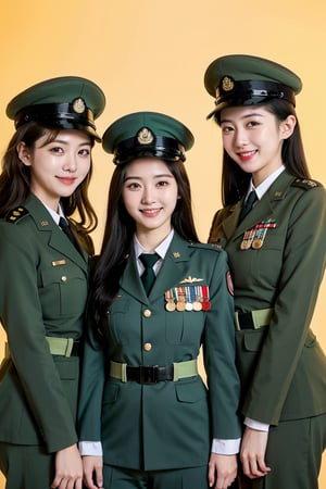 centered,eye contact, (group photo, 3 girls:1.3), standing, photography, chromatic_background,beautiful woman, female korean, soldier, green military uniform, military hat, cowboy shot, big smiles