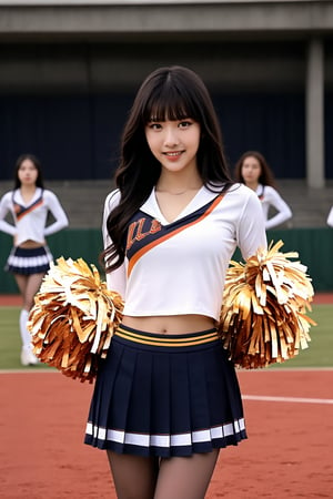 centered,eye contact, Detailedface, (3 girls:1.3) pose, black hair with bangs, look at viewer, bright smile, clearly brown eyes, longfade eyebrow, soft make up, ombre lips, hourglass body, medium breast, (cheerleader theme:1.5), finger detailed, background detailed,ambient lighting, extreme detailed, full body shot, realistic ilustration, (soothing tones:1.3), (hyperdetailed:1.2), girl1-den, black pantyhose,black_footwear