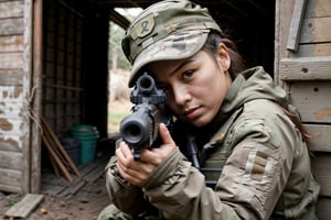 xxmix_girl, 1girl, Realistic Candid Photo of a female thailand soldier patrolling, (close up:1.2), full_gear_soldier, full gear, soldier,crouching, sniper, she is pointing her sniper at a target, aimpoint,outside of an abadoned shed, rotting walls, protecting a VIP in the shed, warm color temperature,  captured using a 50mm lens, balance between subject and surroundings, natural lighting, gentle shadows cast,Extremely Realistic,aiming at viewer