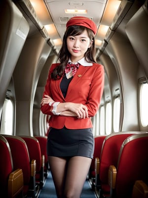 xxmix_girl, 1girl, Realistic Candid Photo of an Asian air stewardess, (full body:1.2), red garison cap, red blazer, red uniform, black pantyhose, black loafers, red tight skirt, knee length skirt, white blouse, red ribbon bowtie, standing, reminiscent of the shots by Annie Leibovitz, inside an airplane cabin, warm color temperature, calm demeanor emphasized, soft smile on her lips, hint of contentment evident, captured using a 50mm lens, balance between subject and surroundings, natural lighting, gentle shadows cast, serene atmosphere,Extremely Realistic,Stewardess, job advertisment, hospitality