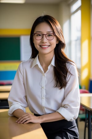 xxmix_girl, 1girl, Realistic photo of an Asian female teacher, glasses. genuine and heartfelt smile, profile-oriented, in a colorful classroom environment featuring student artworks and projects, room atmosphere is cheerful and welcoming, emanating gratitude and satisfaction, captured in the golden hour for the most flattering and natural lighting, using a Sony Alpha 7R III with a 35mm lens at f/2.5 aperture, ISO set at 160 for balanced lighting.