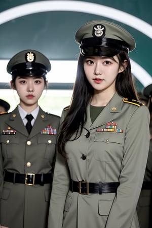 centered,eye contact, (group photo, 3 girls:1.3), standing, photography, chromatic_background,beautiful woman, female korean, soldier, green military uniform, military hat, cowboy shot, big smiles