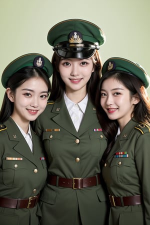 centered,eye contact, (group photo, 3 girls:1.3), standing, photography, chromatic_background,beautiful woman, female korean, soldier, green military uniform, military hat, cowboy shot, big smiles