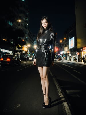 35mm photograph, film, bokeh, professional, (high detailed skin:1.2), highly detailed,1girl, party dress, black pantyhose, high heels, kpop idol makeup, (soft smile:1.2), natural skin texture, realistic pores skin, (aesthetics and atmosphere:1.2), summer, street, Full body, night, (incredible sky:1.2), HongKong, ,Hongkong street