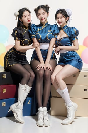 centered,eye contact,Detailedface, (group photo, 3 girls:1.3), sitting on colour boxes, photography, chromatic_background,beautiful woman, female korean, cosplay, big chest, slim waist, chun-li costume, glasses, full body, smooth hands, big smiles, black pantyhose, white shoes, Extremely Realistic, chun li