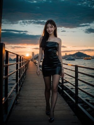 35mm photograph, film, bokeh, professional, (8k), RAW photo, best quality, ultra-detailed, (high detailed skin:1.2), highly detailed,1girl, party dress, pantyhose, high heels, kpop idol makeup, (closed smile:1.2), natural skin texture, realistic pores skin, (aesthetics and atmosphere:1.2), street, sunset, (incredible sky:1.2) Full body, summer, HongKong, ,Hongkong street, y2k
