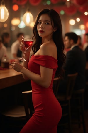 A stunning Asian woman with jet-black hair styled in effortless waves, piercing green eyes, and confident posture stands amidst friends and coworkers in a dimly lit, upscale bar. The camera frames her striking features as she wears a figure-hugging scarlet-blue dress that accentuates her curves under the warm glow of pendant lights and the soft hum of jazz music, as she sips a cocktail with elegance. The whole place is filled with Christams mood, red and green colours