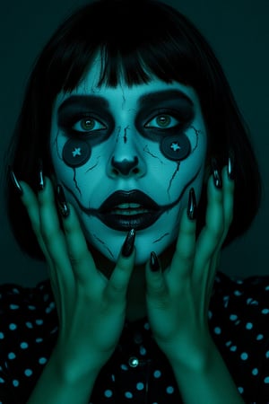 Close-up of a woman with elaborate Halloween makeup and costume. 


The woman's face is painted with a cracked, pale-white/gray effect, giving it a doll-like or zombie-like appearance. Large, dark-colored buttons are painted on her eyesockets, and other stylized cosmetic features are applied, suggesting doll-like or spooky makeup.  Her lips are painted a dark color, almost black, and her facial features are exaggerated in a way that is visually striking and somewhat unsettling.


Her hair, which appears to be a dark wig, is styled in a bob or shoulder-length cut. The lighting casts a teal/turquoise or electric green hue on the costume, skin, and hair, which further emphasizes the spooky, macabre theme. 


Her fingernails, seen prominently, are long and sharp, painted black and styled in a way evocative of claws. Her clothing appears to be a black shirt with white polka dots. 


The background is completely dark, focusing all attention on the woman and her unique and elaborate costume.