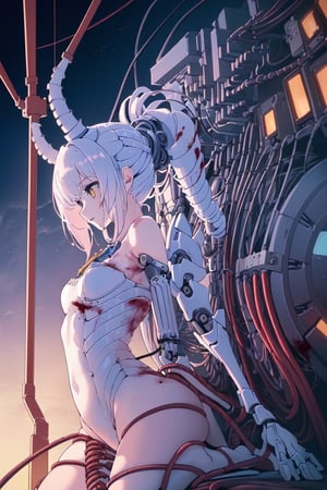 (masterpiece, top quality, best quality, official art, beautiful and aesthetic:1.2), (1girl:1.3), extreme detailed,colorful,highest detailed ((ultra-detailed)), (highly detailed CG illustration), ((an extremely delicate and beautiful)),(from side),cinematic light,((1mechanical girl)),solo,full body,(machine made joints:1.2),((machanical limbs)),(blood vessels connected to tubes),(mechanical vertebra attaching to back),((mechanical cervial attaching to neck)),(sitting),expressionless,(wires and cables attaching to neck:1.2),(wires and cables on head:1.2)(character focus),science fiction,white background,(blood:1.5),