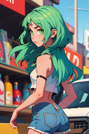 (best quality, masterpiece), 1girl, full body, shot, looking at viewer shot, back view, shot blurry background, upper body, green eyes, blue hair, yellow crop top and shorts jeans