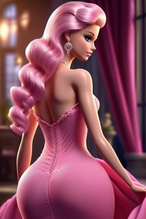 ((Barbie Girl)), sexy, facing the camera, from behind, with ample cleavage, Barbie style, realistic, 8k, cinematic, ((Pink dress)), ((Curvy figure)), detailed skin, good skin texture, xxmix_girl,