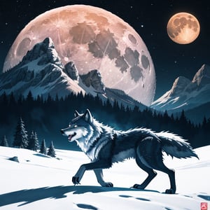 Peek Mountain, moon on background, A wolf roaring, illustration, logo