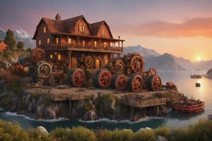 Realistic, (highly extreme detailed), (high quality resolution 4k), photography of an farm house, built with gears and cogs, built in seashore of an island, sunset, reddish orange sky, far view, mechanical boats, robots,  dream world, mountain peaks,bokeh, art, cgi,