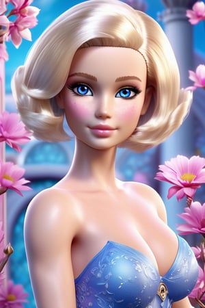 ((Barbie Girl)), sexy, facing the camera, from the front, full body, low angle, with ample cleavage, Barbie style, realistic, 8k, cinematic, ((Pink dress, blonde hair, short hair)), ((Curvy figure, sexy butt)), detailed skin, good skin texture, xxmix_girl, fantasy blossoms background, magical world, (((magiacal_girl, accurate symmetrical, blue eyes))),
