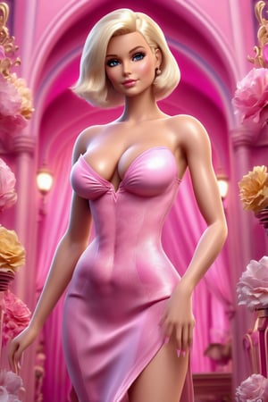 ((Barbie Girl)), sexy, facing the camera, from the front, full body, low angle, with ample cleavage, Barbie style, realistic, 8k, cinematic, ((Pink dress, blonde hair, short hair)), ((Curvy figure, sexy butt)), detailed skin, good skin texture, xxmix_girl, fantasy background,