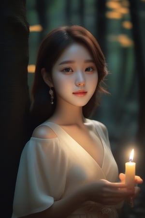 A cute Korean girl; with magical eyes; carrying a candle in her hand; in a dark haunted forest; with a beautiful smile on her face; wearing earrings; a closeup image; candlelight on her beautiful face; realistic image; side pose