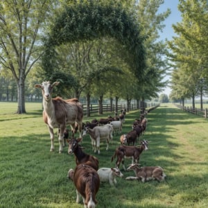 Photo of goat, farm,trees, Grass, Highly detailed, 8 k, 