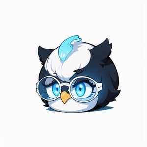 centered, ((solo)), digital art, full body, | cute of fluffy creature used owl face mask, chibi, white, black and blue sky futuristic, neon lights, | (white background:1.2), simple background, | (symetrical), Animal, big laboratory glasses , glowing eyes,