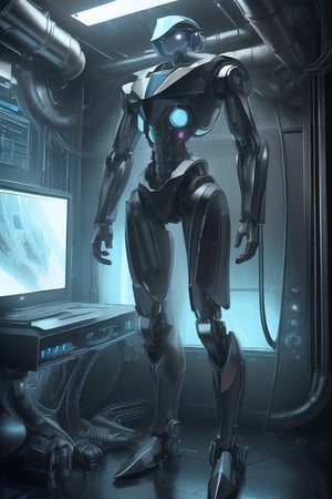 Cinematic photo of a standing cyborgs using a computer. Computer screens are holograms. Located in a military laboratory, full body, high definition, 8K images.,hackedtech,stealthtech ,hydrotech