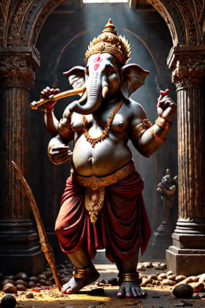 Create an artwork highlighting Ganesha's broken tusk, portraying the resilience of his wisdom and kindness, standing as a testament to lessons learned, perfect composition, many golds on ground, beautiful detailed intricate insanely detailed octane render trending on artstation, 8 k artistic photography, photorealistic concept art, soft natural volumetric cinematic perfect light, chiaroscuro, award - winning photograph, masterpiece, oil on canvas, raphael, caravaggio, greg rutkowski, beeple, beksinski, giger