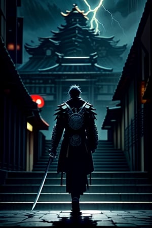 Unreal Engine 5, extreme long shot,action scene.A warrior with an eagle's head in a Japanese swordsman's uniform,holding a two-handed sword,with thunder sword , neon ambiance,abstract black oil,gear mecha,detailed acrylic,grunge,intricate complexity,rendered in unreal engine, photorealistic is walking down the steps of a Japanese temple.There are 30 steps. There is rain falling.The atmosphere is gloomy.It is raining lightly.On the side of the stairs are Japanese warriors.Lying scattered,real images,high definition,64K,Mecha body,FFIXBG,<lora:659111690174031528:1.0>