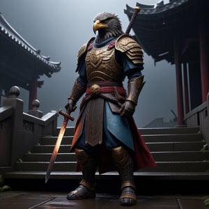 Unreal Engine 5, extreme long shot,action scene.A warrior with an eagle's head in a Japanese swordsman's uniform,holding a two-handed sword,with thunder sword , neon ambiance,abstract black oil,gear mecha,detailed acrylic,grunge,intricate complexity,rendered in unreal engine, photorealistic is walking down the steps of a Japanese temple.There are 30 steps. There is rain falling.The atmosphere is gloomy.It is raining lightly.On the side of the stairs are Japanese warriors.Lying scattered,real images,high definition,64K,<lora:659095807385103906:1.0>