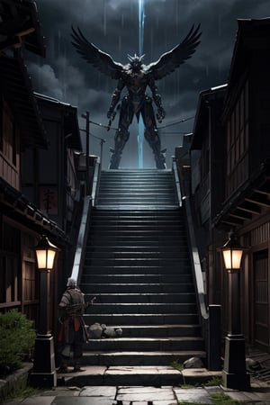 Unreal Engine 5, extreme long shot,action scene.A warrior with an eagle's head in a Japanese swordsman's uniform,holding a two-handed sword,with thunder sword , neon ambiance,abstract black oil,gear mecha,detailed acrylic,grunge,intricate complexity,rendered in unreal engine, photorealistic is walking down the steps of a Japanese temple.There are 30 steps. There is rain falling.The atmosphere is gloomy.It is raining lightly.On the side of the stairs are Japanese warriors.Lying scattered,real images,high definition,64K,Mecha body,FFIXBG