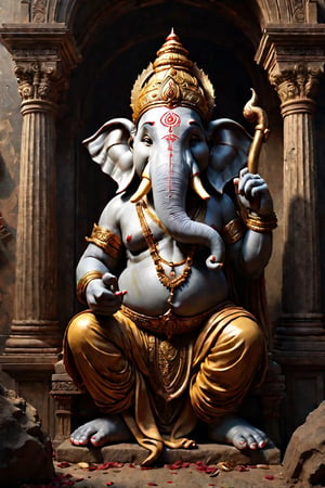 Create an artwork highlighting Ganesha's broken tusk, portraying the resilience of his wisdom and kindness, standing as a testament to lessons learned, perfect composition, many golds on ground, beautiful detailed intricate insanely detailed octane render trending on artstation, 8 k artistic photography, photorealistic concept art, soft natural volumetric cinematic perfect light, chiaroscuro, award - winning photograph, masterpiece, oil on canvas, raphael, caravaggio, greg rutkowski, beeple, beksinski, giger