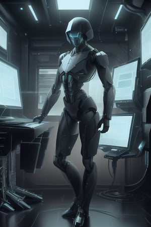 Cinematic photo of a standing cyborgs using a computer. Computer screens are holograms. Located in a military laboratory, full body, high definition, 8K images.,hackedtech,stealthtech 