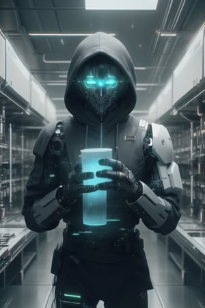 Cinematic photo, White cyborg standing, holding his chin in one hand, pretending to think. Laboratory atmosphere. High definition 8K.,hackedtech