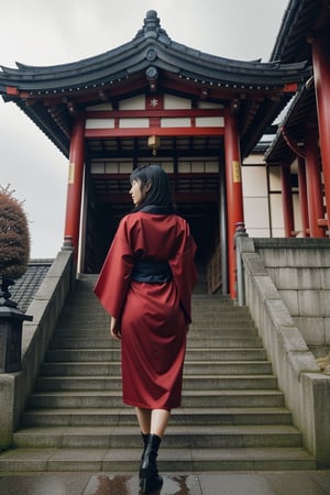 "A beautiful Japanese girl wearing a red and black kimono, holding a red umbrella, standing with her back turned, walking up the stairs to a Japanese temple. The stairs have 30 steps. There is rain falling. Rainy atmosphere. Real picture. High definition. 64K. Epic cinematic brilliant stunning intricate meticulously detailed dramatic atmospheric maximalist digital matte painting",Movie Still,Masterpiece,chinatsumura