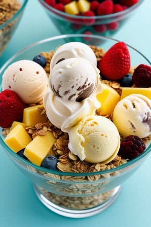 Delicious scoops of ice cream with fruits and granola in a glass bowl on a table surrounded by fruits.