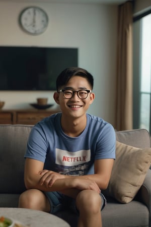 A 25-year-old Asian man wearing glasses, smile face wearing a t-shirt and shorts is sitting on the sofa in the living room of his condo, looking at the television. The picture on the television screen is the Netflix logo. Evening atmosphere. Real picture. High definition 64K Epic cinematic brilliant stunning intricate meticulously detailed dramatic atmospheric maximalist digital matte painting