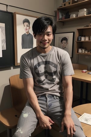 Young Asian male artist, 30 years old, wearing a gray t-shirt. Wear jeans Sketching a picture of a 10 year old Asian girl sitting in a sketch. seat opposite A little child wears a colorful cartoon patterned skirt. The sketch shows a girl sitting as a model. The young man's surroundings were filled with sketches of various people's faces in picture frames. It was evening. The location was in a flea market with people walking around. Happy atmosphere, realistic images, high definition 64K