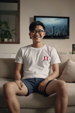A 25-year-old Asian man wearing glasses, smile face wearing a t-shirt and shorts is sitting on the sofa in the living room of his condo, looking at the television. The picture on the television screen is the Netflix logo. Evening atmosphere. Real picture. High definition 64K Epic cinematic brilliant stunning intricate meticulously detailed dramatic atmospheric maximalist digital matte painting