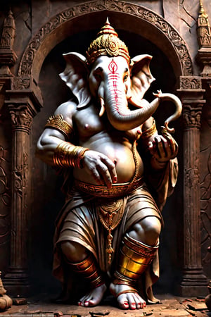 Create an artwork highlighting Ganesha's broken tusk, portraying the resilience of his wisdom and kindness, standing as a testament to lessons learned, perfect composition, many golds on ground, beautiful detailed intricate insanely detailed octane render trending on artstation, 8 k artistic photography, photorealistic concept art, soft natural volumetric cinematic perfect light, chiaroscuro, award - winning photograph, masterpiece, oil on canvas, raphael, caravaggio, greg rutkowski, beeple, beksinski, giger