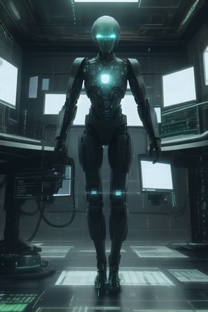 Cinematic photo of a standing cyborgs using a computer. Computer screens are holograms. Located in a military laboratory, full body, high definition, 8K images.,hackedtech
