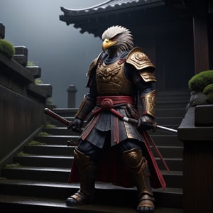 Unreal Engine 5, extreme long shot,action scene.A warrior with an eagle's head in a Japanese swordsman's uniform,holding a two-handed sword,with thunder sword , neon ambiance,abstract black oil,gear mecha,detailed acrylic,grunge,intricate complexity,rendered in unreal engine, photorealistic is walking down the steps of a Japanese temple.There are 30 steps. There is rain falling.The atmosphere is gloomy.It is raining lightly.On the side of the stairs are Japanese warriors.Lying scattered,real images,high definition,64K,<lora:659095807385103906:1.0>