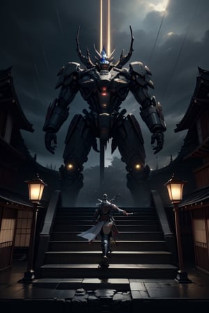 Unreal Engine 5, extreme long shot,action scene.A warrior with an eagle's head in a Japanese swordsman's uniform,holding a two-handed sword,with thunder sword , neon ambiance,abstract black oil,gear mecha,detailed acrylic,grunge,intricate complexity,rendered in unreal engine, photorealistic is walking down the steps of a Japanese temple.There are 30 steps. There is rain falling.The atmosphere is gloomy.It is raining lightly.On the side of the stairs are Japanese warriors.Lying scattered,real images,high definition,64K,Mecha body,FFIXBG