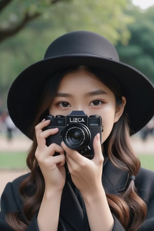 Close up An 18 year old Asian woman with long wavy hair wearing a black cloth hat. Wear a black overcoat Use both hands to lift the LEICA brand film camera and place it close to her face. Preparing to take a photo in the afternoon, a park location, the front is clear, the background is blurred with bokeh, real picture, high definition 8K.,LinkGirl,Masterpiece, ,FilmGirl,aesthetic portrait