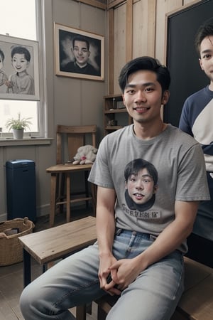 Young Asian male artist, 30 years old, wearing a gray t-shirt. Wear jeans Sketching a picture of a 10 year old Asian girl sitting in a sketch. seat opposite A little child wears a colorful cartoon patterned skirt. The sketch shows a girl sitting as a model. The young man's surroundings were filled with sketches of various people's faces in picture frames. It was evening. The location was in a flea market with people walking around. Happy atmosphere, realistic images, high definition 64K