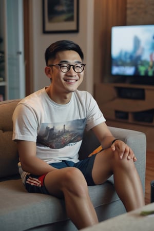 A 25-year-old Asian man wearing glasses, smile face wearing a t-shirt and shorts is sitting on the sofa in the living room of his condo, looking at the television. The picture on the television screen is the Netflix logo. Evening atmosphere. Real picture. High definition 64K Epic cinematic brilliant stunning intricate meticulously detailed dramatic atmospheric maximalist digital matte painting