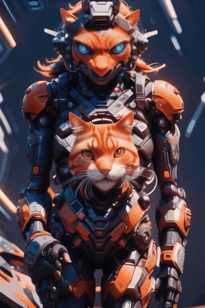 Closeup image of an orange cat holding a baby alien in its mouth. Walking on a spaceship Spaceship atmosphere, realistic images, high definition 64K,Futuristic room,Mecha body