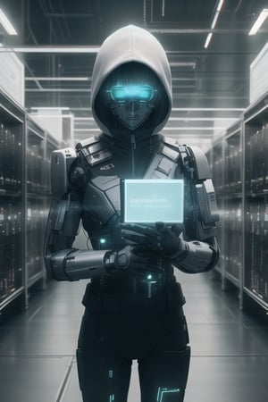 Cinematic photo, White cyborg standing, holding his chin in one hand, pretending to think. Laboratory atmosphere. High definition 8K.,hackedtech
