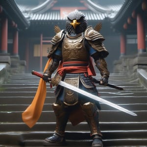 Unreal Engine 5, extreme long shot,action scene.A warrior with an eagle's head in a Japanese swordsman's uniform,holding a two-handed sword,with thunder sword , neon ambiance,abstract black oil,gear mecha,detailed acrylic,grunge,intricate complexity,rendered in unreal engine, photorealistic is walking down the steps of a Japanese temple.There are 30 steps. There is rain falling.The atmosphere is gloomy.It is raining lightly.On the side of the stairs are Japanese warriors.Lying scattered,real images,high definition,64K