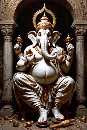Create an artwork highlighting white Ganesha's broken tusk, portraying the resilience of his wisdom and kindness, standing as a testament to lessons learned, perfect composition, have many golds on ground, beautiful detailed intricate insanely detailed octane render trending on artstation, 8 k artistic photography, photorealistic concept art, soft natural volumetric cinematic perfect light, chiaroscuro, award - winning photograph, masterpiece, oil on canvas, raphael, caravaggio, greg rutkowski, beeple, beksinski, giger